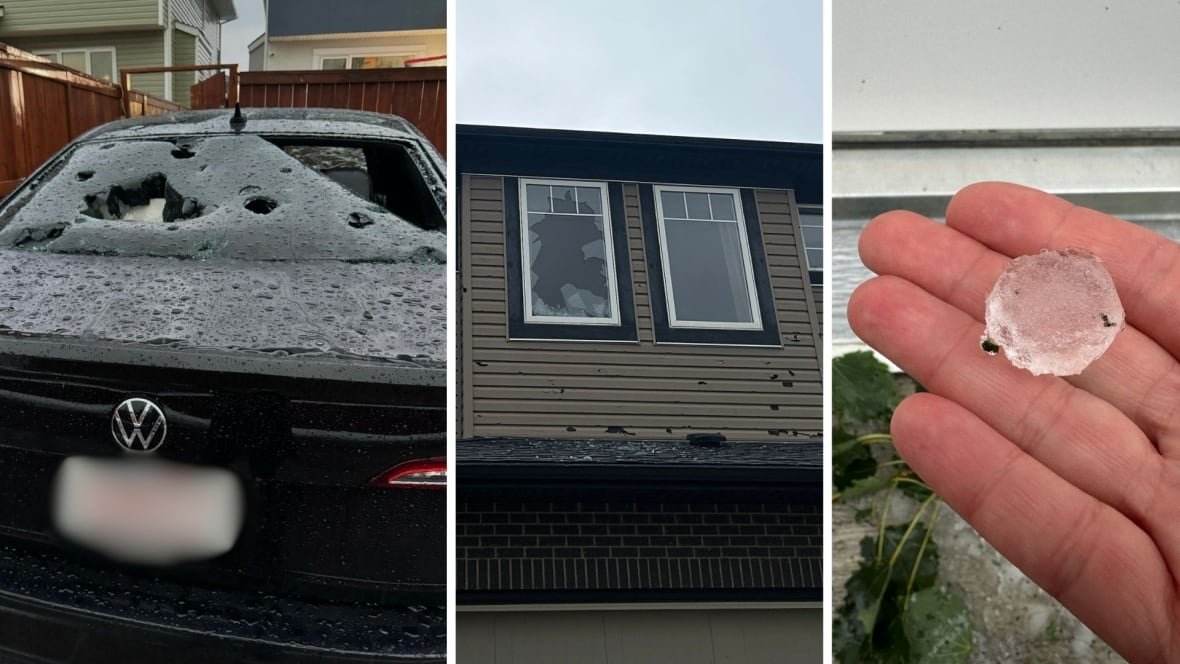 hailstorm-aug-5-calgary three images. one shows a car rear window smashed, one shows a house window smashed with holes in the siding, and the last one shows a piece of hail.