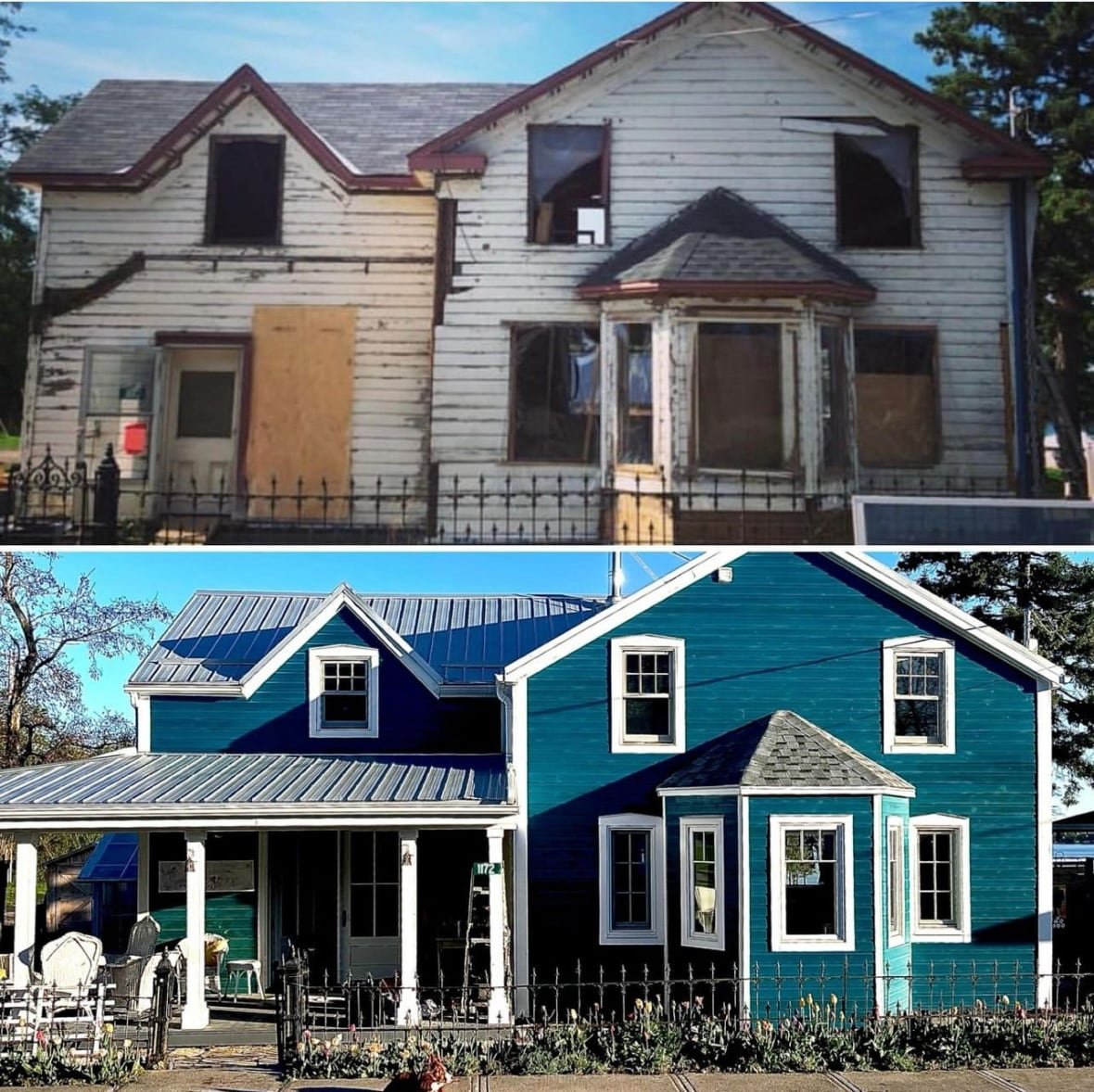 unhurried-house Pictures of an old white house and a new blue house