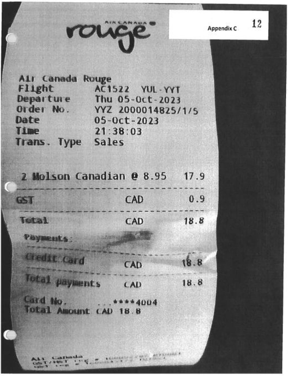 air-canada-rouge-receipt Scanned copy of a receipt submitted as evidence in a court case.