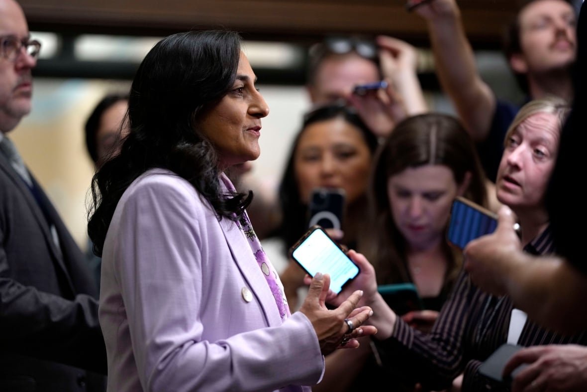 cabinet-20250514-2 Minister of Foreign Affairs Anita Anand speaks to journalists as she arrives for a meeting of the federal cabinet in West Block on Parliament Hill in Ottawa on Wednesday, May 14, 2025.