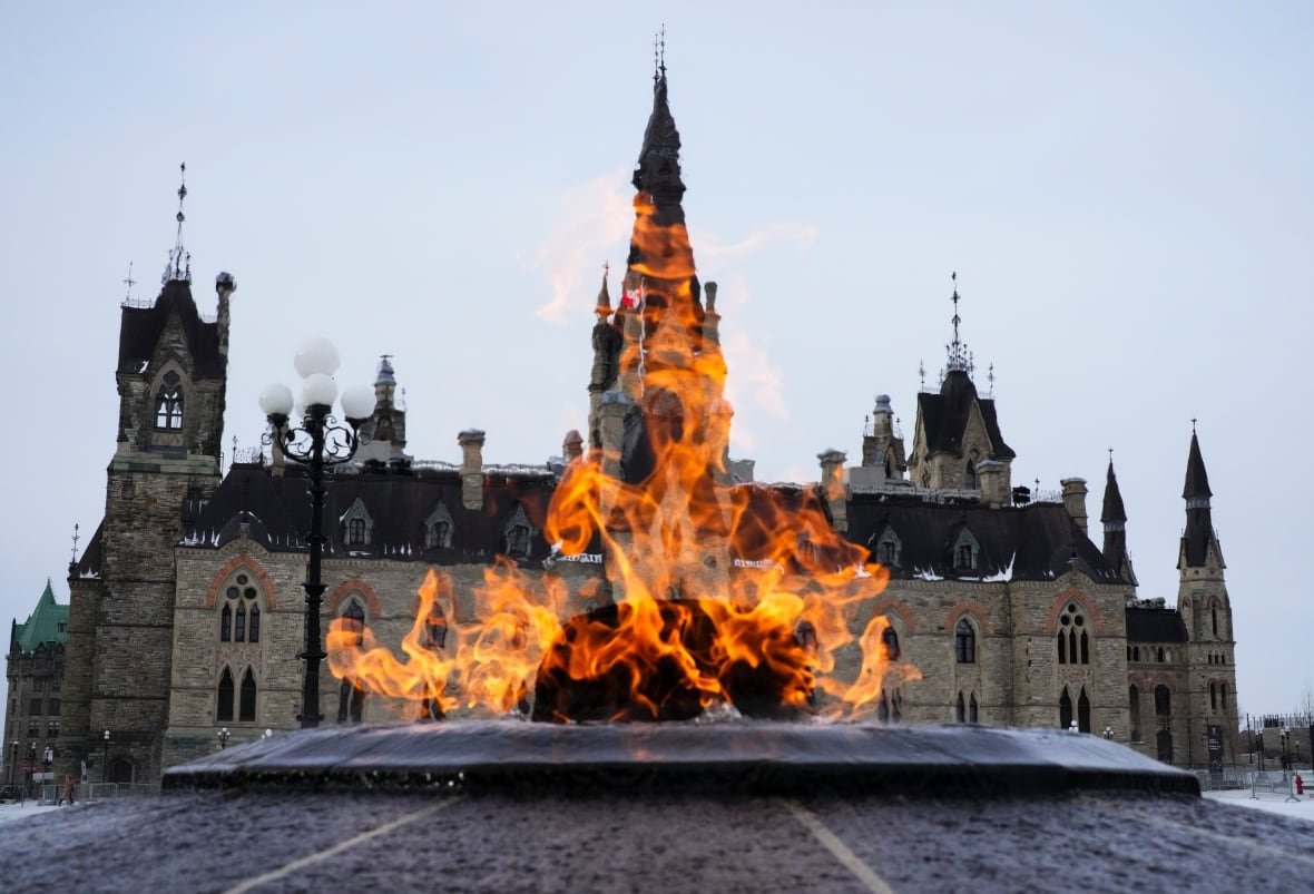 centennial-flame-parliament-hill-west-block-2025 A commemorative flame burns in front of a legislature.