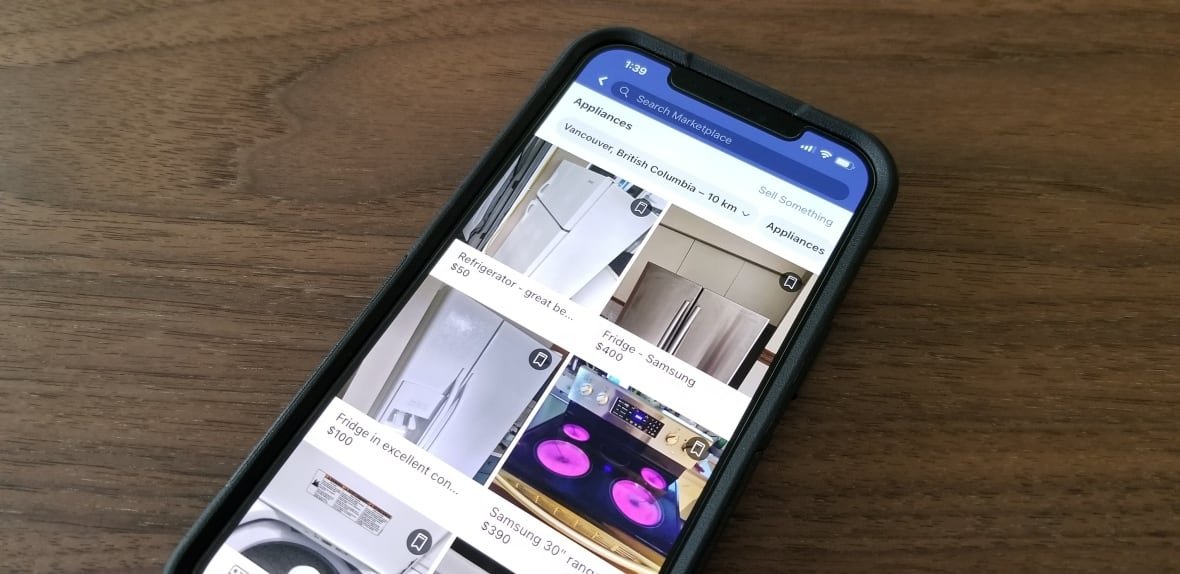facebook-marketplace An image of a cellphone with Facebook Marketplace listings.