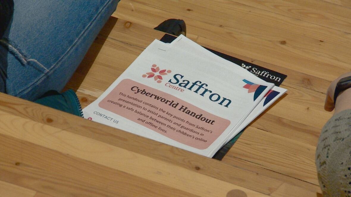 saffron-centre-handout A pile of paper sits on a wooden bleacher. The top sheet reads, 'Saffron: cyberworld handout'.