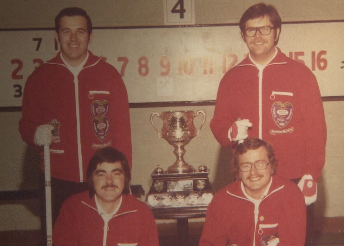 team-mcduff-1976-brier-win Old photo of four men in red jackets standing around trophy