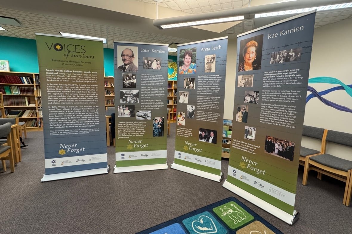 voices-of-survivors-banners-at-the-london-jewish-community-centre Voices of Survivors banners for Louie Kamien, Anna Leich and Rae Kamien at the London Jewish Community Centre.