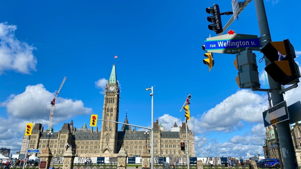 322052-parliament-hill-ottawa-wellington-street A picture of Canada's parliament buildings on a clear day. Traffic lights are seen in front and there is a construction crane in the background.