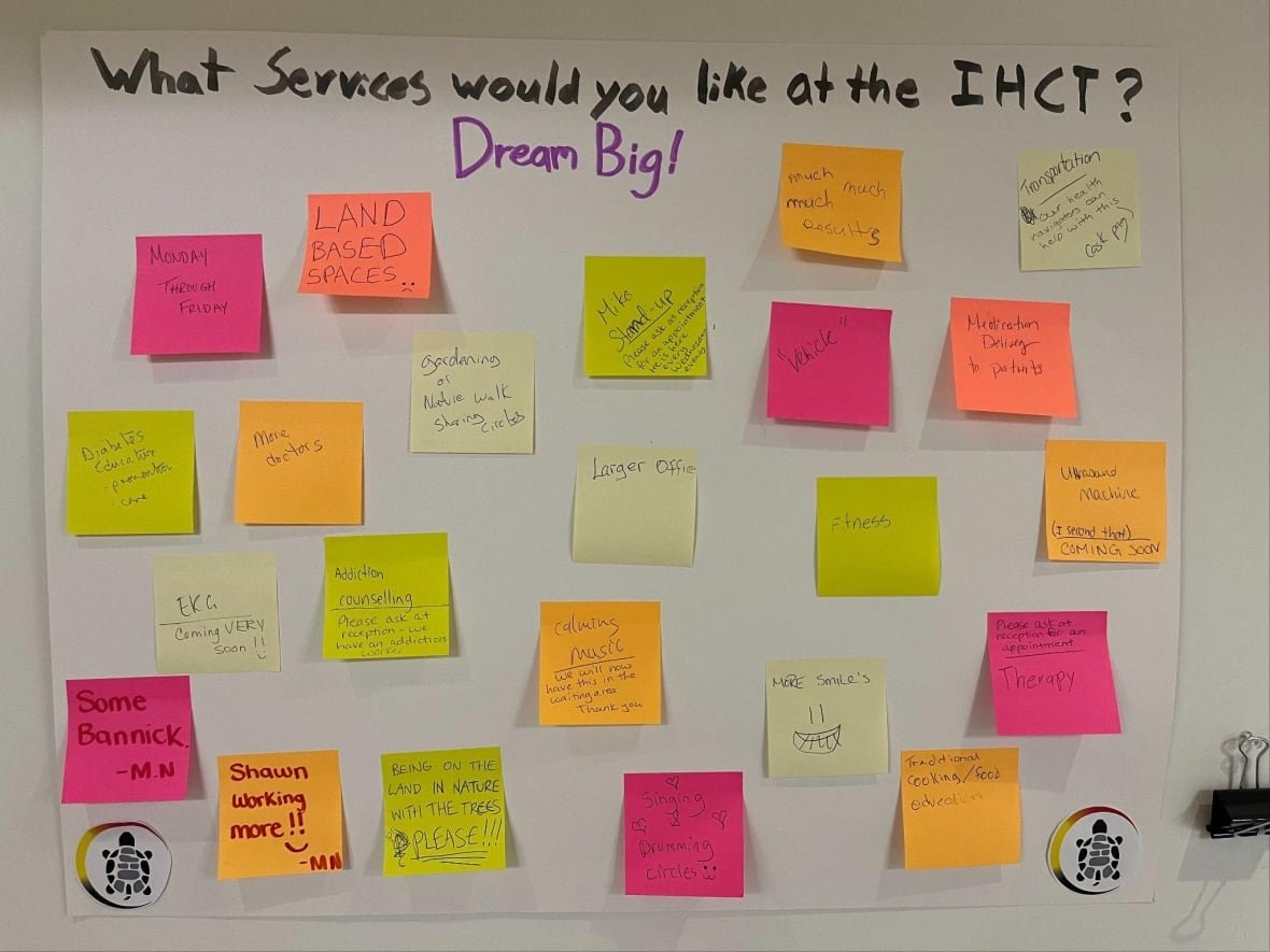 indigenous-healthcare-trc-image-2 A large white poster board covered in colourful stickie notes. On the top is written "What services would you like at the IHCT? Dream Big!"