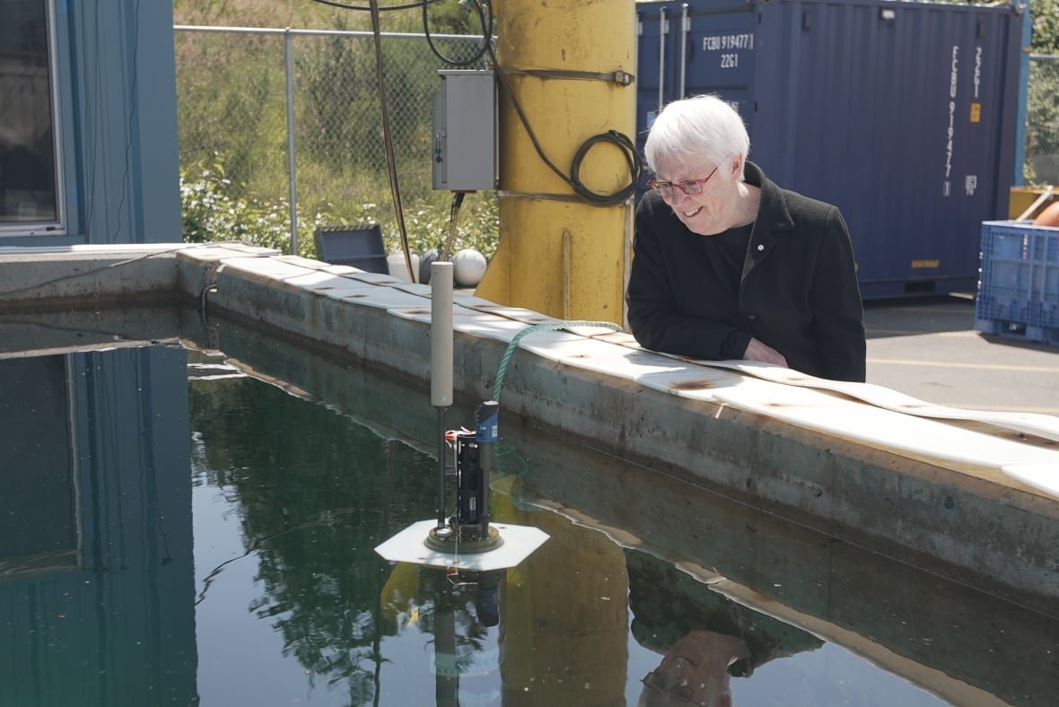 A woman looks at a sensor in water.