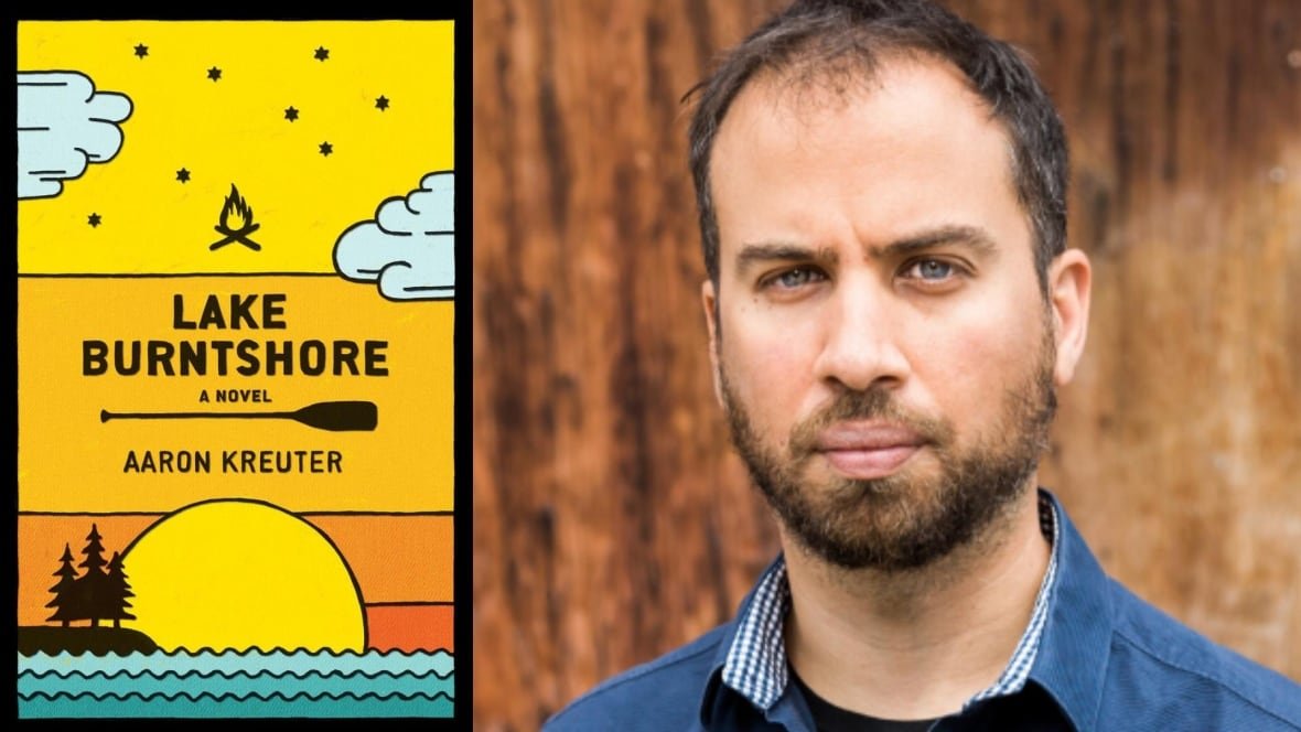 lake-burntshore-by-aaron-kreute A composite image of a book cover that shows a paddle and a sunrise over the ocean on the left and an author headshot of a man wearing a blue dress shirt on the right.