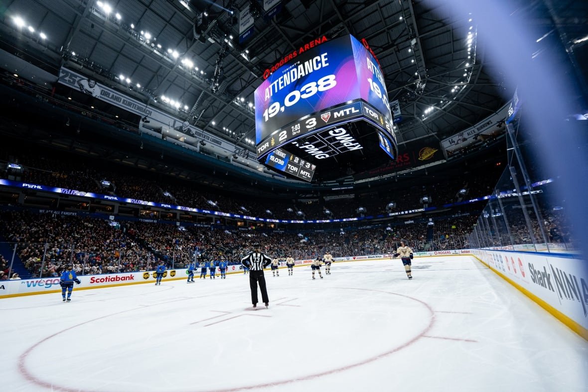 montreal-victoire-at-toronto-sceptres-rogers-arena An attendance figure of 19,038 is shown on a jumbotron inside Vancouver's Rogers Arena.