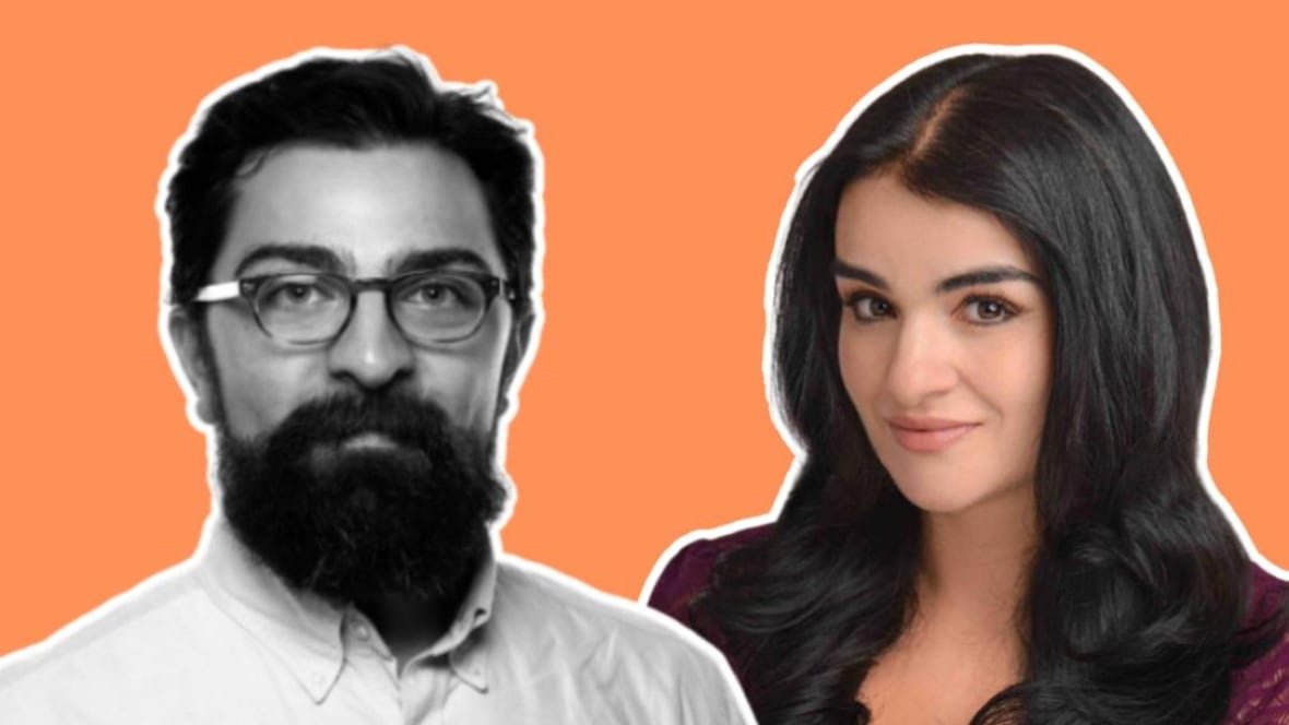 nathan-maharaj-and-christine-estima-the-next-chapter-1 composite of two headshots, a South Asian man with a beard and eyeglasses on the left, an Arab woman with long black hair and wearing a red blouse on the the right.