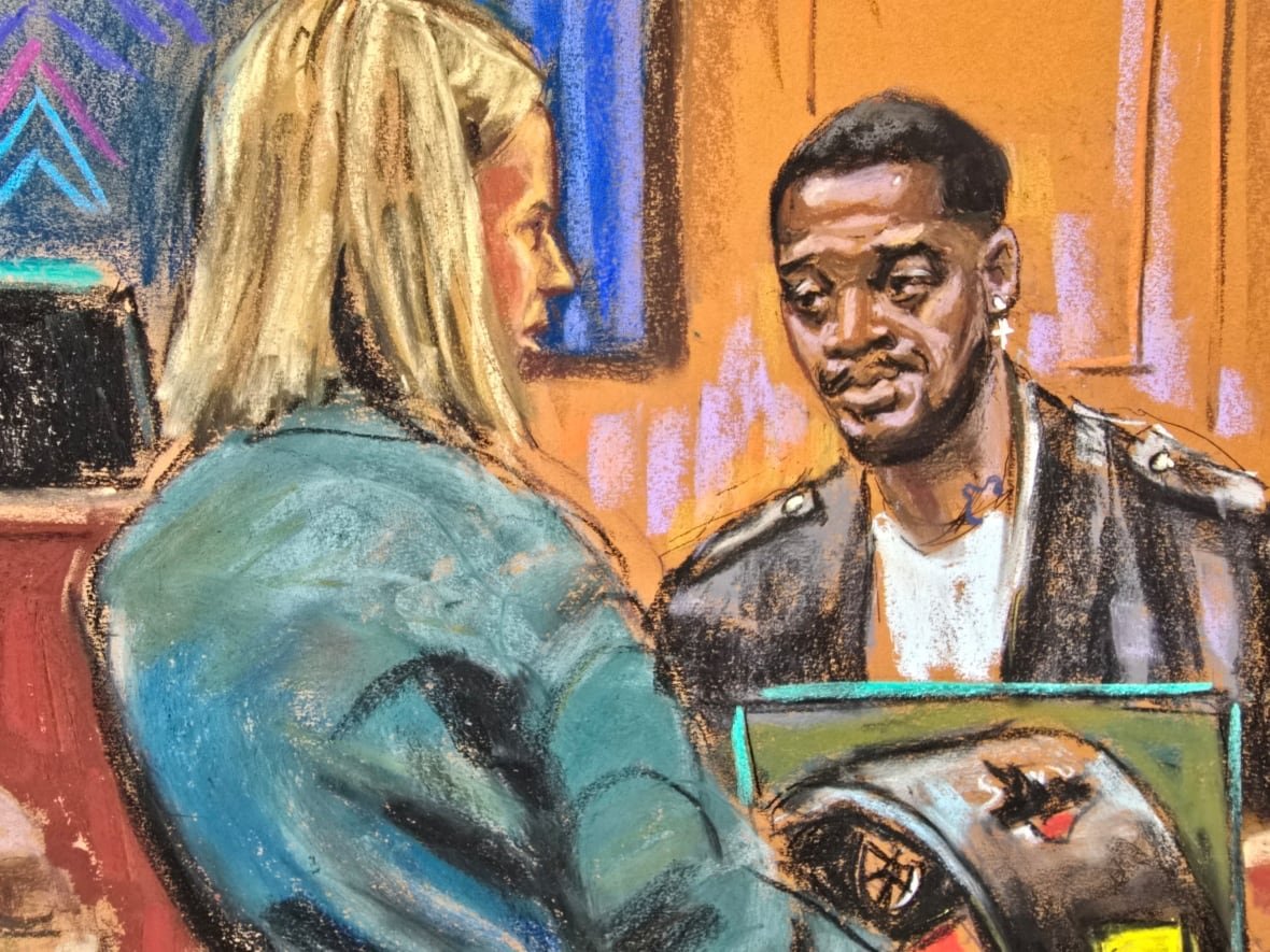 sean-diddy-combs-trial-kid-cudi-may-22 A courtroom sketch of a man on the witness stand as a woman stands in front of him showing an image on a screen.