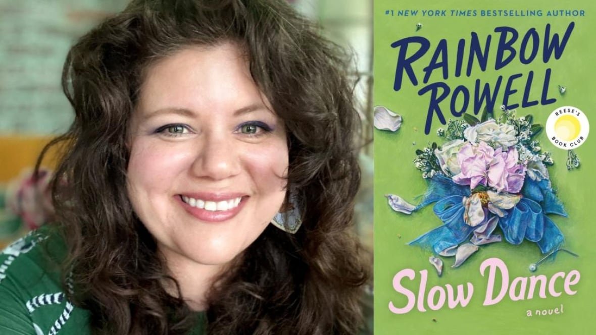 slow-dance-by-rainbow-rowell Slow Dance by Rainbow Rowell. Illustrated book cover shows a smashed corsage. Author headshot of a white woman with long curly brown hair.