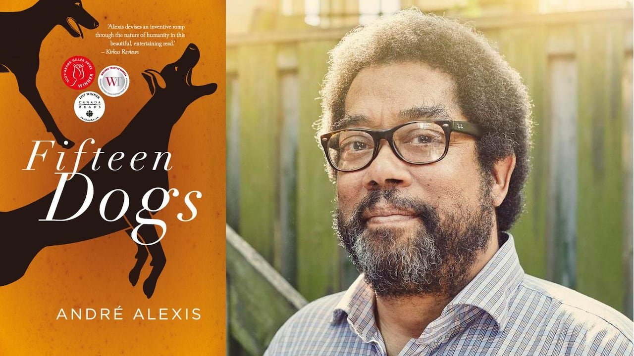 A book cover featuring a dog and a man wearing glasses.
