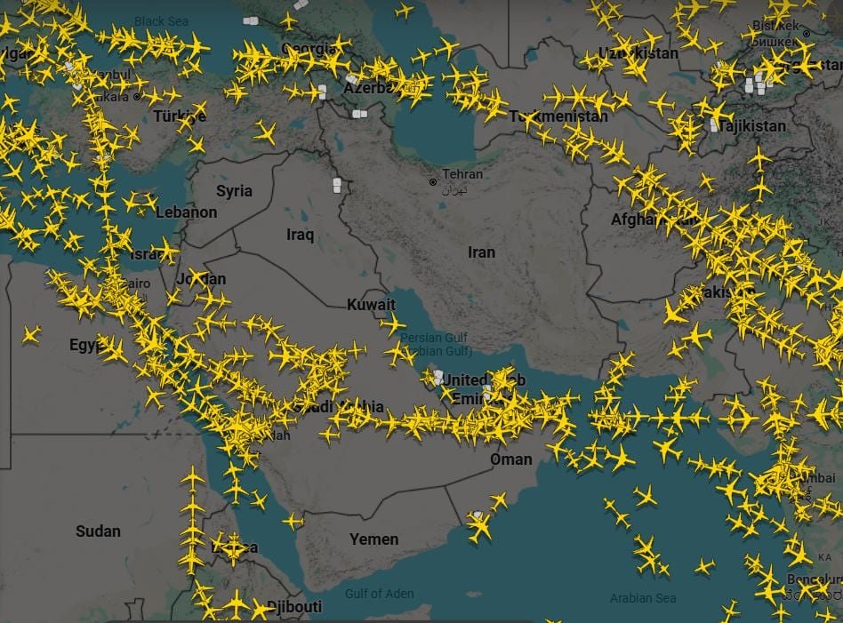 default-173 The image depicts civil aircraft avoiding the conflict zone by flying around Iran.