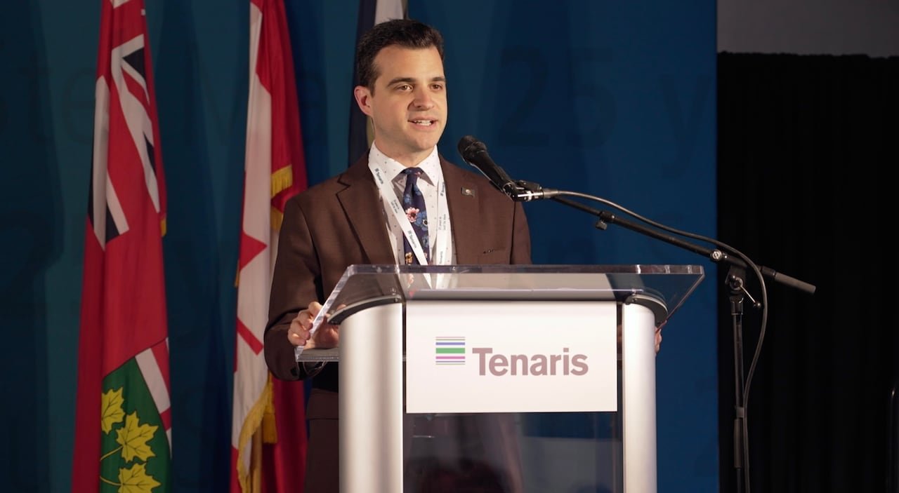 Sault Ste. Marie Mayor Matthew Shoemaker speaks during 25th anniversary festivities at Tenaris.