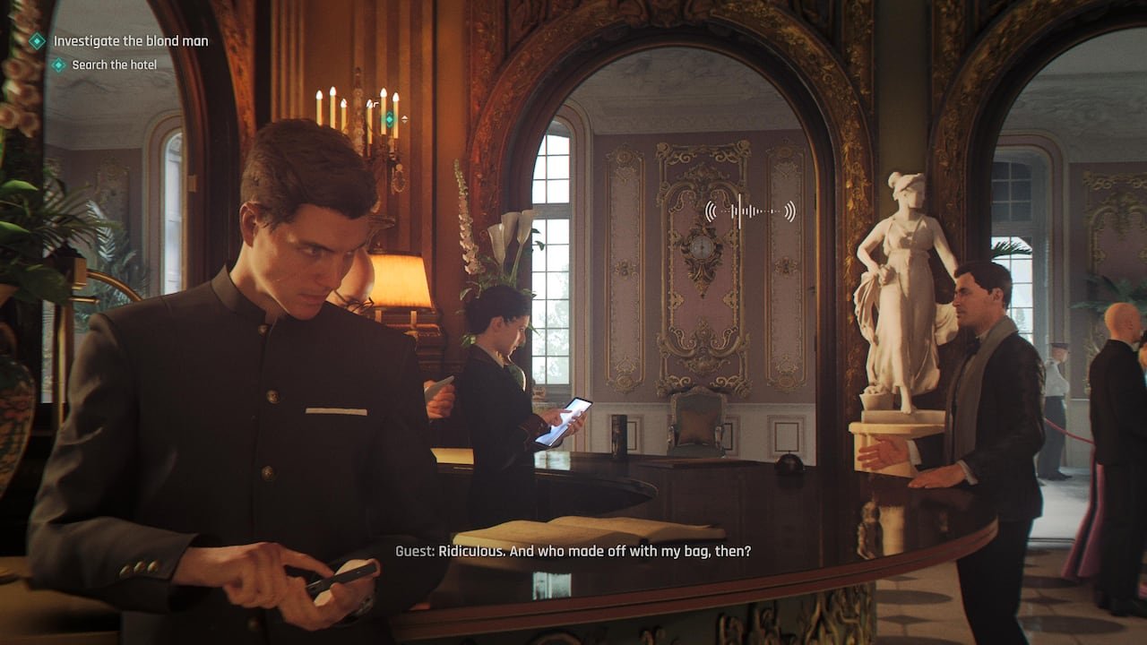 default-230 Screenshot from the video game showing a man using his phone to eavesdrop on a conversation at a hotel reception desk.