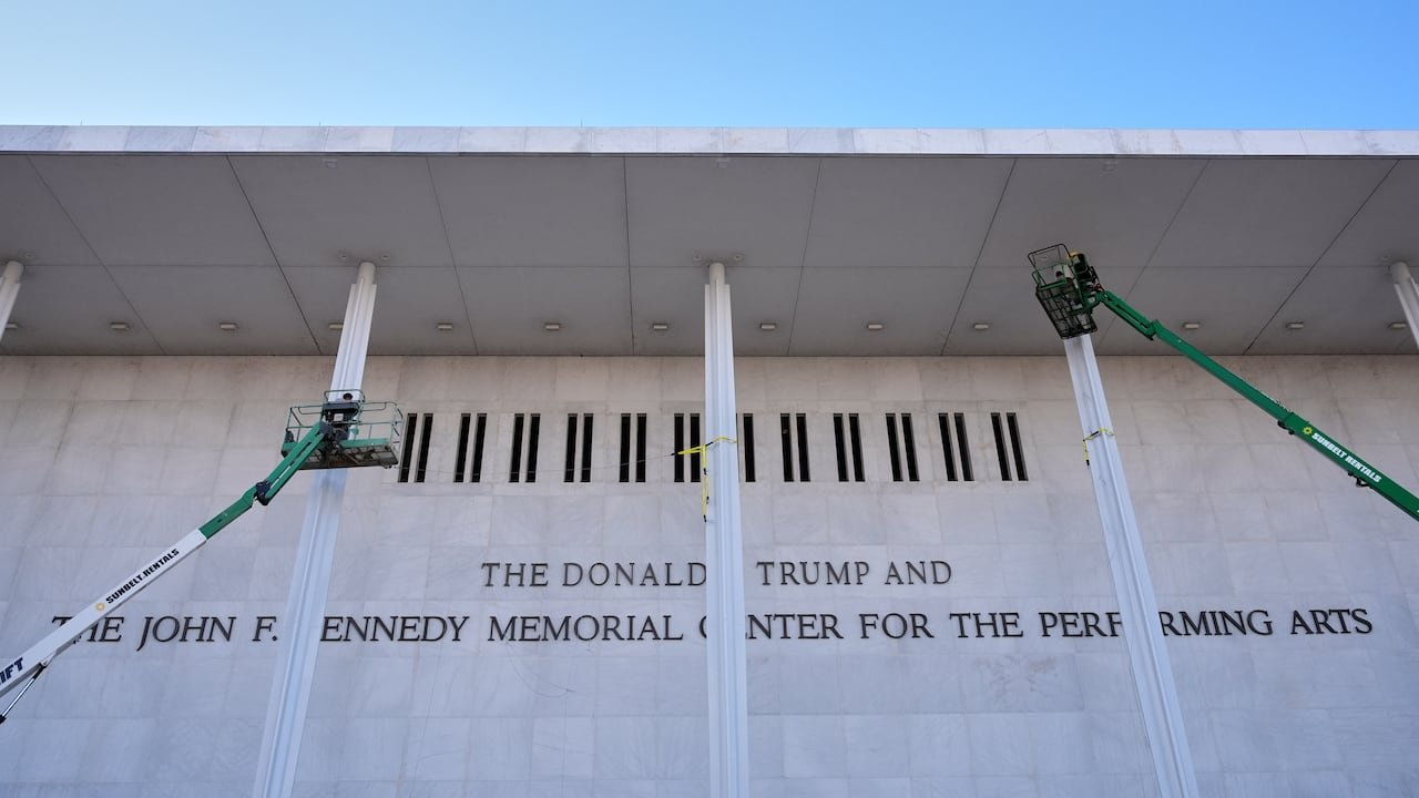New signage â The Donald J. Trump and The John F. Kennedy Memorial Center For The Performing Arts â is unveiled on the Kennedy Center last Friday in Washington.