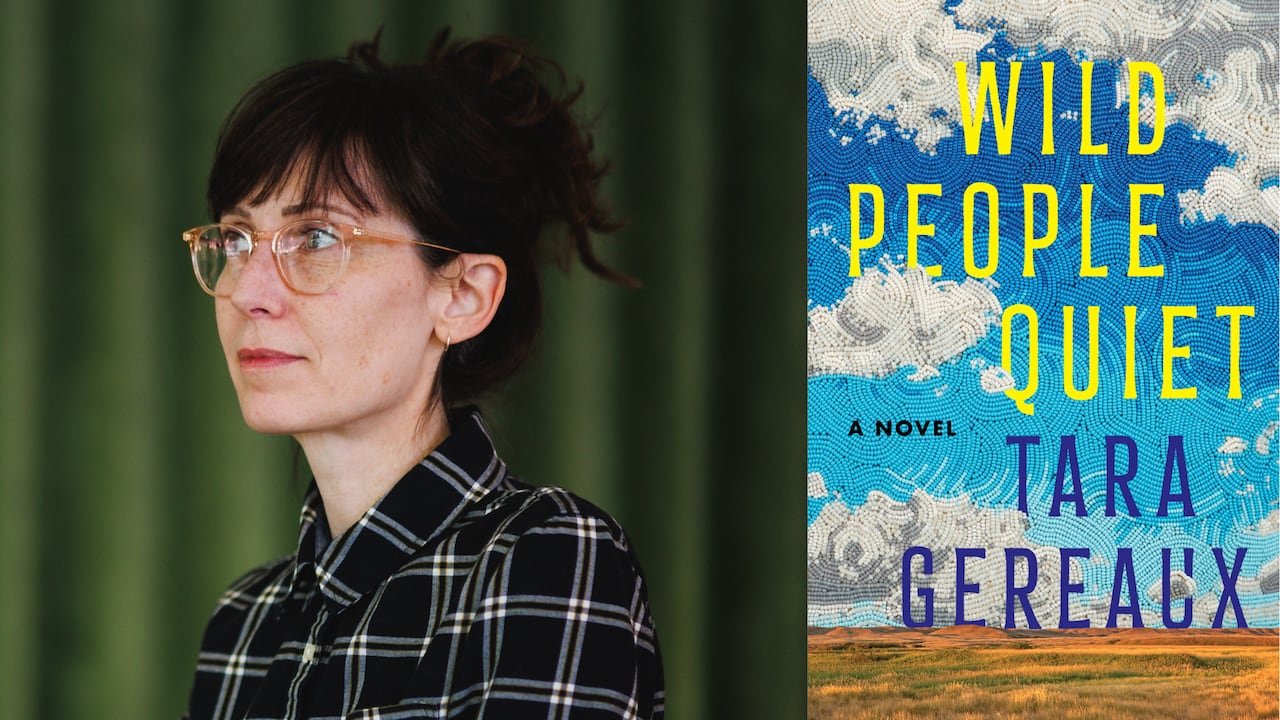 A captivating book cover featuring a woman with a beaded sky over a Saskatchewan plain.